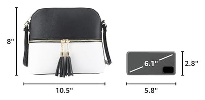 SG SUGU Lunar Lightweight Medium Dome Crossbody Bag Shoulder Bag with Tassel | Zipper Pocket | Adjustable Strap - color: Black / White
