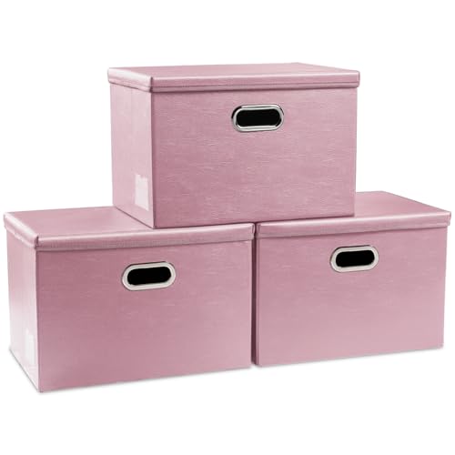 Large Stackable Storage Bins with Lids [3-Pack] Leather Fabric Foldable Storage Boxes Organizer Containers Baskets Cube with Cover for Bedroom Closet Office Nursery Pink (17.7x11.8x11.8) - color: Pink, size: Large(3-Pack)