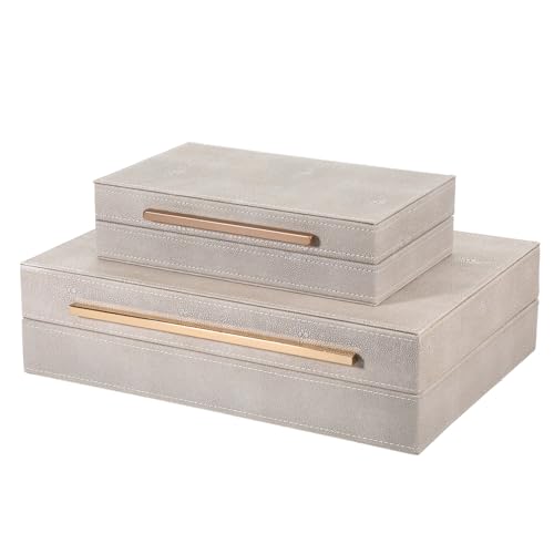 Set of 2 Beige Shagreen Decorative Storage Boxes with Lids PU Memory Boxes | 13.8/9.8inch PU Leather Large Nesting Organizer Bins with Gold Handles for Keepsakes, Photos, Modern Home Decor