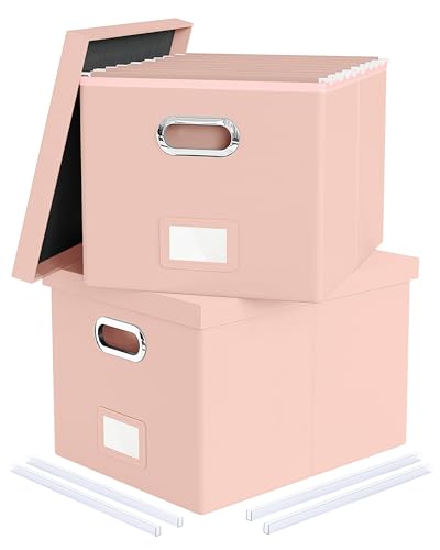 2 Pack File Storage Organizer, Portable File Box with Lid, Fit for Letter/Legal File Folder Storage, Cream-pink (Leather) Box - color: Cream-pink(Leather), size: 2 pack
