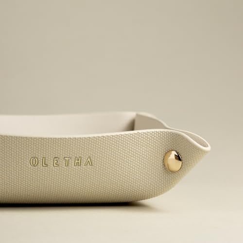 OLETHA Foldable Valet Tray, Travel Essentials, Canvas Grain, Greige | Aesthetic faux leather catchall for jewelry, keys & sunglasses; folds flat to pack; sits on a hotel nightstand or desk - color: Canvas Grain, Greige