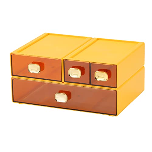 Desktop Storage Drawers, Stackable Countertop Organizer with Drawers | Yellow, 1 Large, 1 Mid & 2 Small Drawers, On Counter Acrylic Organizer for Craft Storage, File Cabinet, Tabletop Pen Holder - color: 4 Mixed Drawers, Yellow
