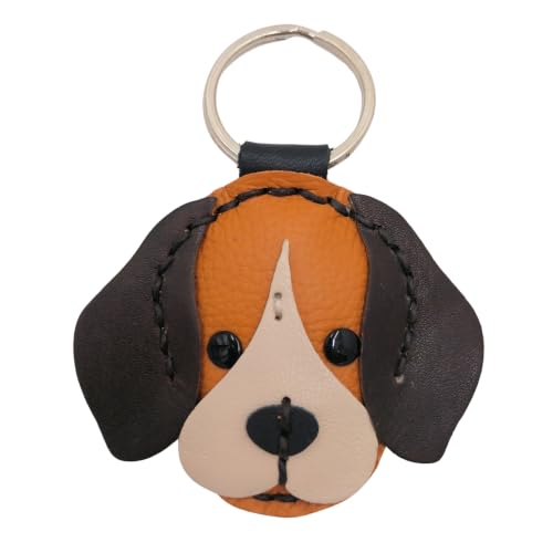 Genuine Leather Keychain, Animal Keyring, Bag Purse Charm Pendant Gifts Handmade, Cute Key Holder, Pets Lover Accessories - color: Begle Dark Brown Ears