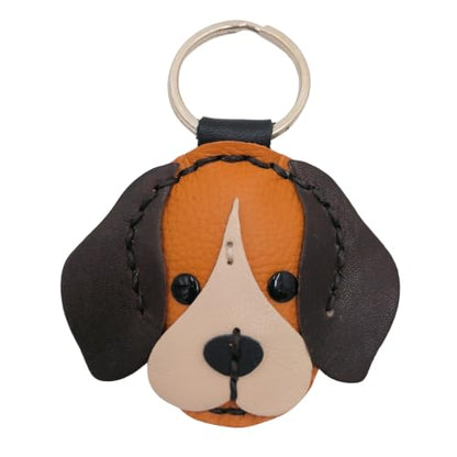 Genuine Leather Keychain, Animal Keyring, Bag Purse Charm Pendant Gifts Handmade, Cute Key Holder, Pets Lover Accessories - color: Begle Dark Brown Ears