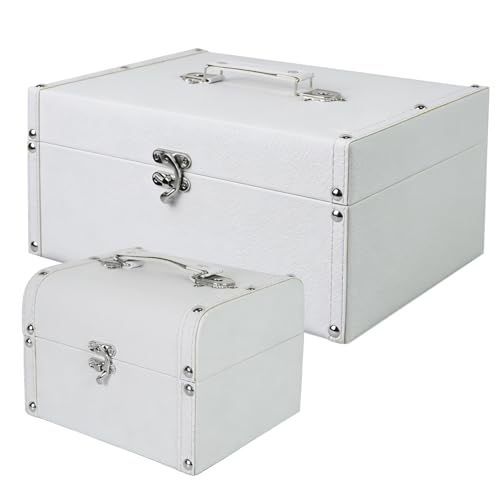 DreamsEden Vintage Wooden Storage Chest Set - White Decorative Trunk with Handle, Nesting Jewelry Keepsake Boxes for Kids Girls Gifts Wedding Memory (12.5’’ & 7’’ Length)
