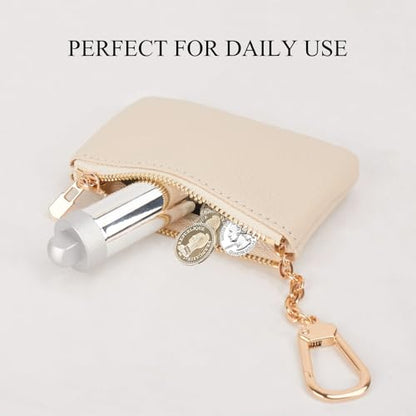 Full Grain Leather Coin Purse with Key Chain - Small Change Purse Keychain Card Holder Keychain Pouch Small Keychain Wallet for Women and Men (Creamy-white), LA-2312 - color: Creamy-white, Regular Size