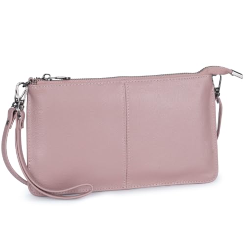 Bveyzi Genuine Leather Wristlet Purses for Women, Envelope Clutch Wallet Small Crossbody Bags for Dressy Evening - color: Dusty Rose