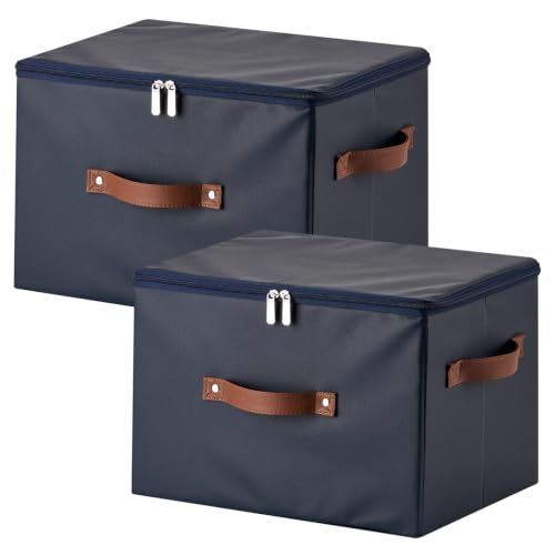 2PCS Storage Bins with Zipper Lid PU leather Storage Boxes Leather Fabric Collapsible Lidded Baskets Cube with Handle Decorative Shelves Closet Organizer Container(Dark Blue, Large Size) - color: Dark Blue, size: Large(set of 2)