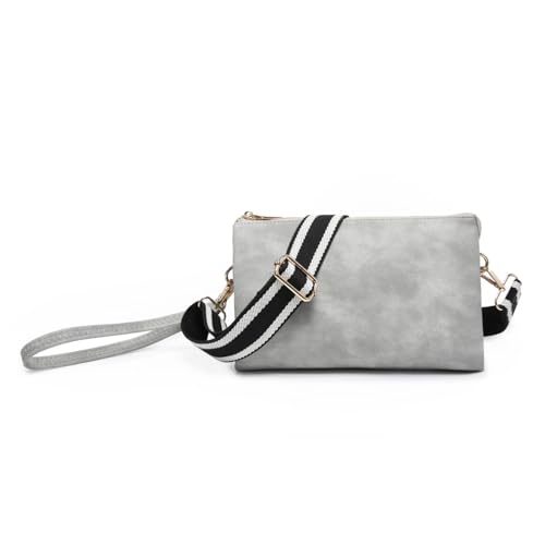 JEN & CO. Izzy Crossbody Bag, Wristlet Clutch Shoulder Purse for Women | Vegan Leather, 3 Compartments, Handbag with Inside Card Slots, Removable Wristlet, Adjustable Guitar Strap for Daily Travel - color: Lt. Grey