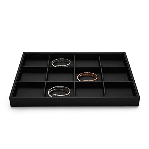 Black PU Leather 12-Grid Flat Jewelry Display & Organizer Tray | Black PU leather 12-grid divided jewelry tray, separate compartments for rings, necklaces, watches, retail & dresser display - style: 12 Grids