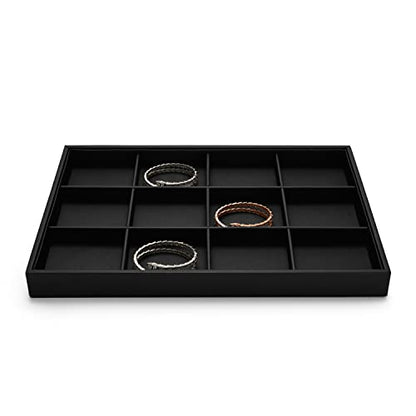 Black PU Leather 12-Grid Flat Jewelry Display & Organizer Tray | Black PU leather 12-grid divided jewelry tray, separate compartments for rings, necklaces, watches, retail & dresser display - style: 12 Grids