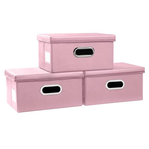 Collapsible Storage Box with Lid [3-Pack] Leather Fabric Foldable Storage Bin Organizer Container Basket Cube with Cover for Home Bedroom Closet Office Nursery Pink(13.6x9.6x6.9) - color: Pink, size: Small(3-Pack)
