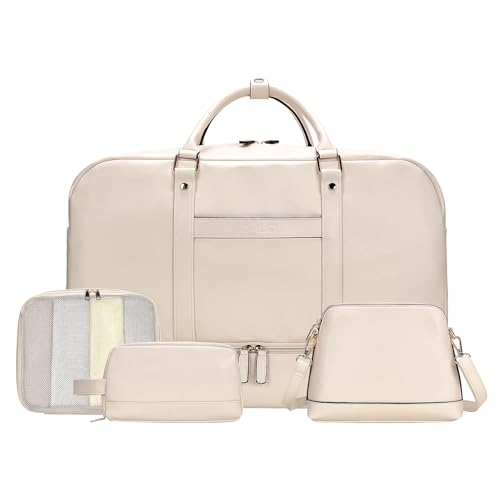 Large 4-in-1 Leather Duffle Bag for Travel Weekender Overnight Hospital Gym Bag for Men & Women, Carry On Airline Approved Personal Item Duffel Garment Bag Luggage with Shoe Compartment & Toiletry Bag - color: 4PCS White