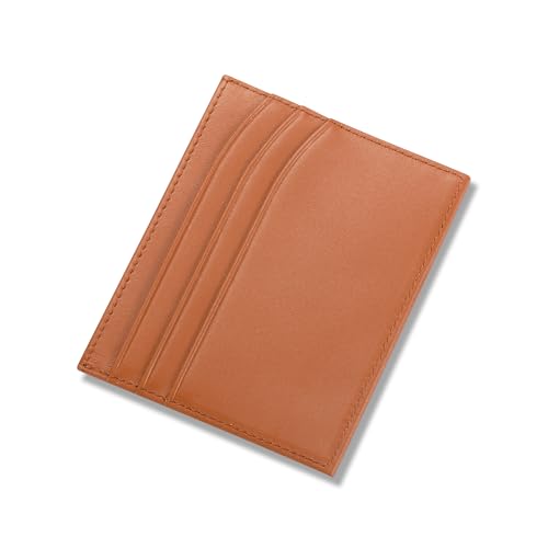 HISCOW Slim Full Grain Leather Card Holder, Cognac | Men's minimalist EDC wallet, front pocket carry, 6 credit card slots & center pocket, fits folded bills, premium gift box - color: Cognac