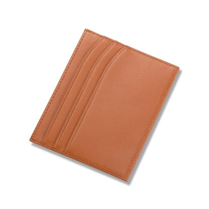HISCOW Slim Full Grain Leather Card Holder, Cognac | Men's minimalist EDC wallet, front pocket carry, 6 credit card slots & center pocket, fits folded bills, premium gift box - color: Cognac