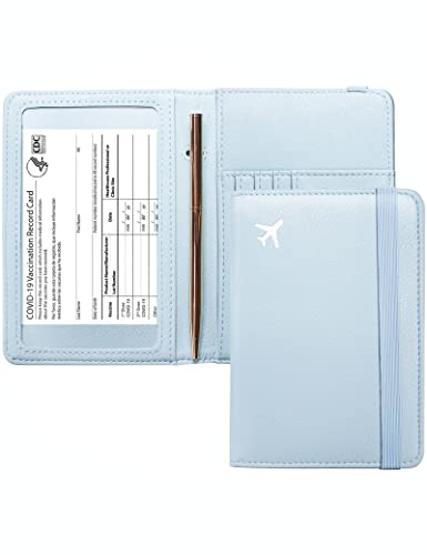Mymazn Blue Passport Holder Women Passort Travel Wallet Vaccine Card Organizer Passport Case with Vaccination Card Holder with RFID Blocking Clear Pocket for Picture (blue) - color: blue
