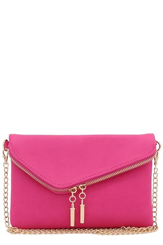 FashionPuzzle Envelope Wristlet Clutch Crossbody Bag with Chain Strap - color: Fuchsia
