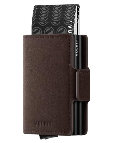 VULKIT Credit Card Holder RFID Blocking Leather Automatic Pop Up Wallet Magnetic Wallet Double Card Case for Men and Women - color: Alcantara Brown