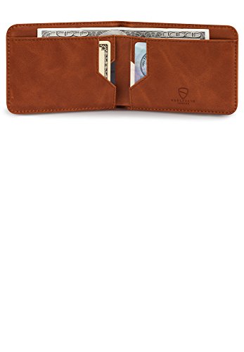 Vaultskin MANHATTAN Slim RFID Blocking Bifold Leather Wallet for Men - Men’s Leather Wallet, Front Pocket Minimalist Card Holder, Holds 9 Cards and Cash, Premium Italian Leather - color: Cognac