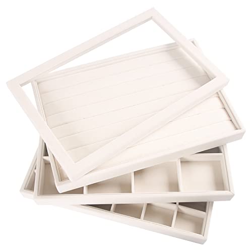 Coward Stackable Jewelry Trays Organizer Set with Clear Lid, Trays for Drawer, Earring Necklace Bracelet Ring Display Organizer (beige(ring+12girds+30girds+The glass lid)) - color: Beige Velvet, size: Ring+12Grids+30Grids+Lid