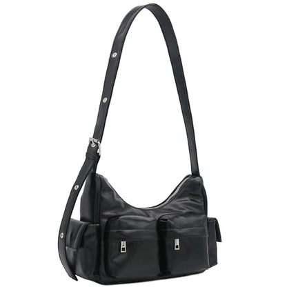 Glossy PU Leather Multi Pocket Shoulder Bag | Glossy Faux Leather - color: B Black