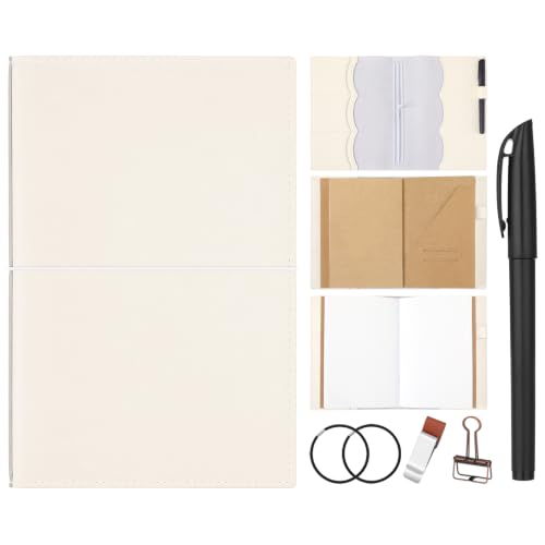 Eaasty Leather A5 Travelers Journal Notebook Cover with Inner Pockets, Card Slots and Pen Holder, Travelers Journal Inserts, PVC Folder, Binder Clip and Elastic Bands for Women Men(White) - color: White
