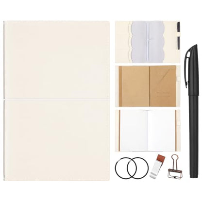 Eaasty Leather A5 Travelers Journal Notebook Cover with Inner Pockets, Card Slots and Pen Holder, Travelers Journal Inserts, PVC Folder, Binder Clip and Elastic Bands for Women Men(White) - color: White