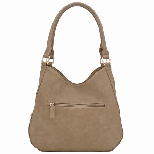 FashionPuzzle Lightweight 3 Compartment Faux Leather Medium Hobo Bag - color: Taupe