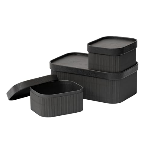 LA JOLIE MUSE Decorative Storage Boxes with Lids Faux Leather, Black 3 Pack | Vegan Leather Lids, Fluted Cardboard Storage Basket, Organizer for Jewelry, Shelves, Bedroom & Closet Storage Memory Box - color: Black