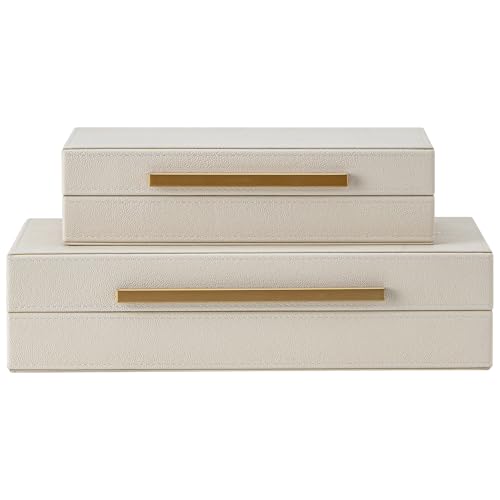 Set of 2 Beige Shagreen Decorative Storage Boxes with Gold Metal Handles – Faux Leather Jewelry & Memory Boxes, Nesting Photo Organizers for Home Decor - color: Beige+Gold Handles