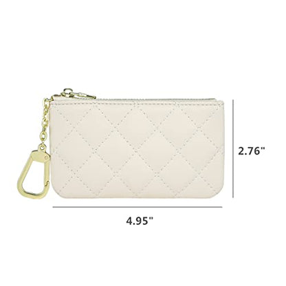 Premium Genuine Full Grain Leather Mini Coin Purse Keychain Pouch Card Holder for Men Women (Beige Quilted - LG) - color: Beige Quilted - LG