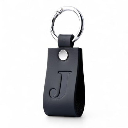 Full Grain Leather Initial Keychain for Men Women, Personalized Alphabet Keychain, Matte Black Gift for Him Her Dad - color: Black J