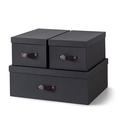 Soul & Lane - Decorative Storage Boxes with Handles, Set of 3, Dark Gray | Sturdy Cardboard Photo Organizers with Lids for Office and Home, Grey Nesting Storage Containers for Documents and Decor - color: Dark Gray