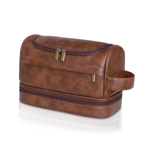 Toiletry Bag for Men,Large Leather Travel Pouch Bag with Hanging hook - color: Dark Brown