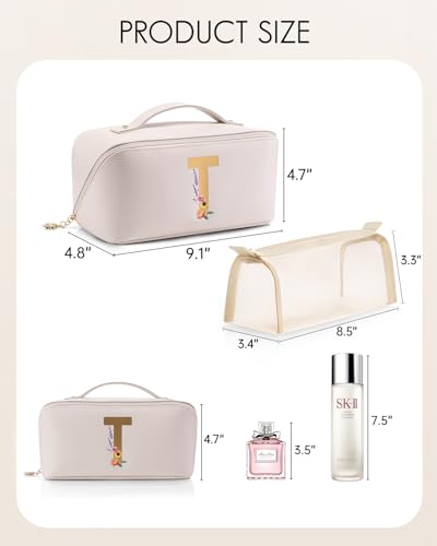 VLANDO Personalized Makeup Bag,Gifts for Women, Letter T,Off White | PU Leather Personalized Toiletry Bag,Open Flat Cosmetic Skincare Organizer,Gifts for Women,Traveler，Daughter - color: 14.White-T