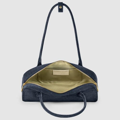 Italian Genuine Suede Shoulder Bag for Women with Long Top Handles & Zip Top | Compact Rectangular Designer Purse (Dark Blue) - color: Dark Blue