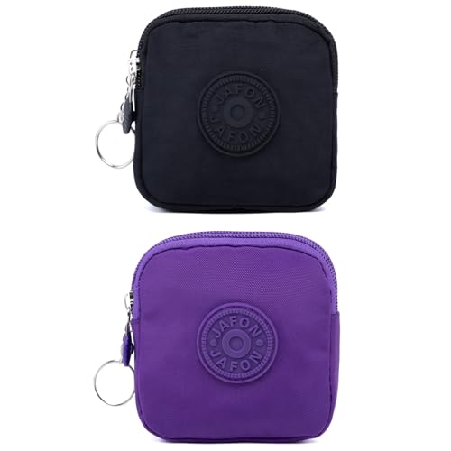 Coin Purse Change Pouch for Women 2 Layers Zipper Oxford Cloth Waterproof Purse (Black+Purple) - color: Black+Purple