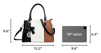 KKXIU Women Purses and Handbags, PU Leather Top Handle Satchel Bag | 3 Zippered Compartments, Removable Long Strap, Crossbody Purse for Ladies, Tote Shoulder Bag - color: Black White Brown