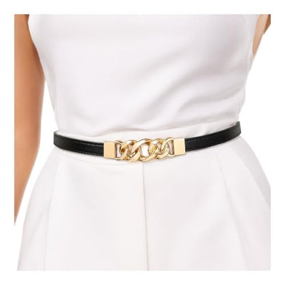Thin Black Belt with Gold Buckle for Women Skinny PU Leather Waist Belt for Dresses Fashion Accessory for Casual Formal and Office Outfits