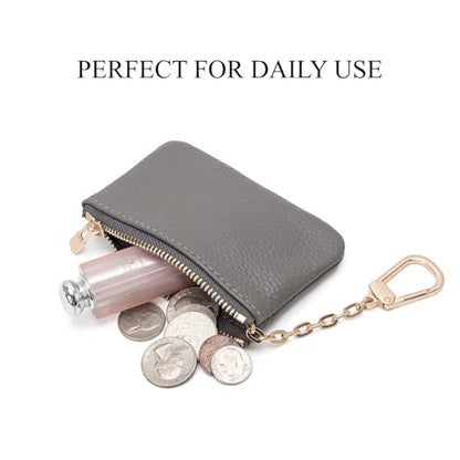 Full Grain Leather Coin Purse with Key Chain - Small Change Purse Keychain Card Holder Keychain Pouch Small Keychain Wallet for Women and Men (Gray) - color: Gray, Regular Size