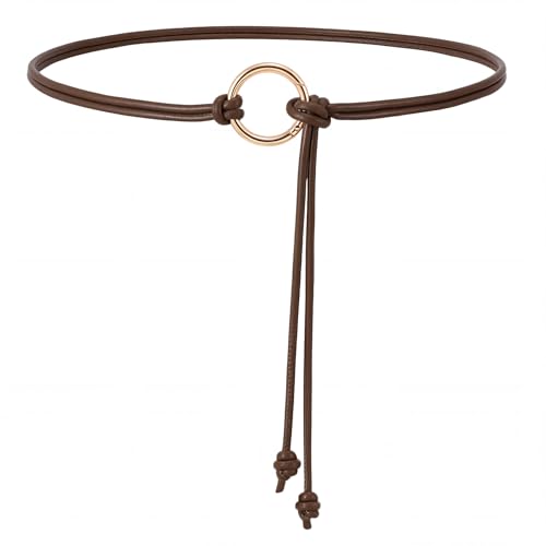 WHIPPY Women Skinny Leather Belts for Dresses Boho Thin Leather Knotted Waist Belt - color: Coffee, size: Fit Waist Size up to 35"