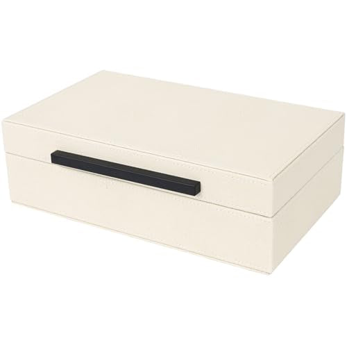 Beige Faux Leather Shagreen Decorative Storage Box - Small Jewelry Organizer & Keepsake Box with Lid for Home Decor - color: Beige+Black Handles