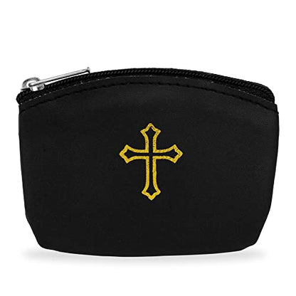 Black Rosary Pouch with Zipper & Gold St. Thomas Cross Imprint | Compact Leatherette Rosary Case for Small to Medium Rosaries | Protective Travel Rosary Holder for Men & Women - color: Black