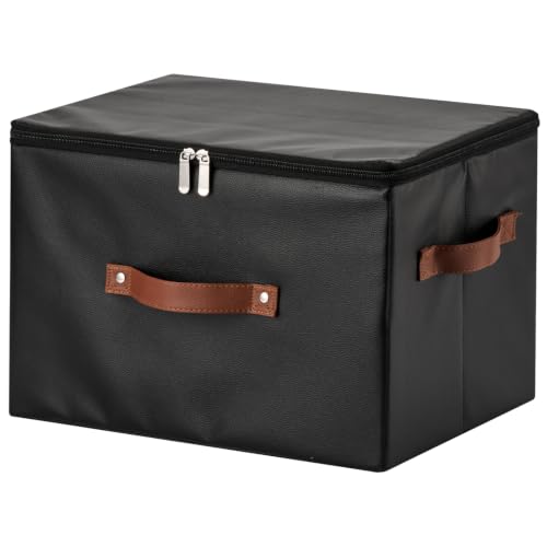 Storage Bins with Zipper Lid PU leather Storage Boxes Leather Fabric Collapsible Lidded Baskets Cube with Handle Decorative Shelves Closet Office Organizer Container(Black, Large Size) - color: Black, size: Large(set of 1)
