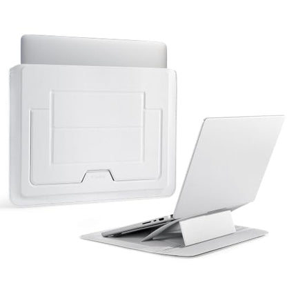 2-in-1 Laptop Sleeve with Stand, 13-14 Inch, PU Leather, Grey | Magnetic origami design folds into a 3-angle stand with a water-repellent PU exterior and storage for mouse and cable.