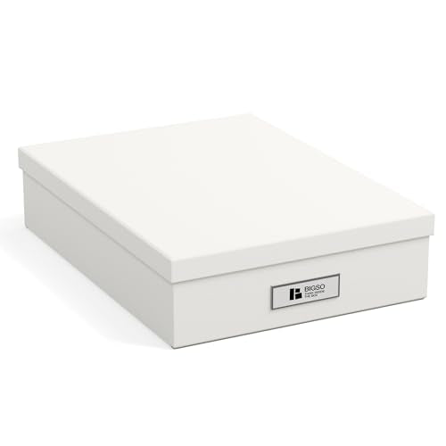Bigso Oskar Fiberboard Label Frame Document Letter Box - File Organizer Box for Important Paperwork - Durable Document Storage with a Lid & Metal Label Window - 3.3 in x 10.2 in x 13.8 in - White - color: White, size: 1 Pack