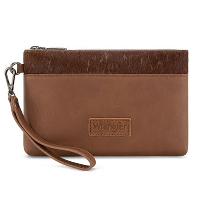 Wrangler Wristlet Wallet for Women Large Clutch Purses Credit Card Holder Phone Organizer with Detachable Wrist Strap - color: Cowhide-brown