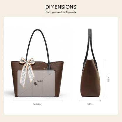 Work Tote Bag for Women, Laptop Tote Fits 15.6Inch Computer,Faux Leather Office Bag with Bottle Holder Shoulder Handbags - color: Brown