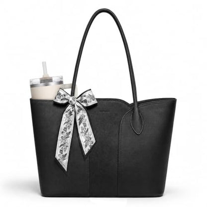 Work Tote Bag for Women, Laptop Tote Fits 15.6Inch Computer,Faux Leather Office Bag with Bottle Holder Shoulder Handbags - color: Black
