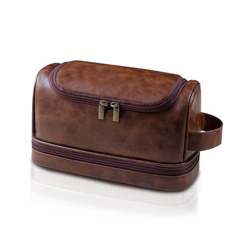 Toiletry Bag for Men,Large Leather Travel Pouch Bag with Hanging hook - color: Red Brown